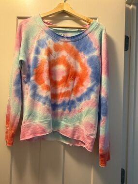 Chaser Tie-Dye Distressed Crewneck Sweater - Pastel Rainbow